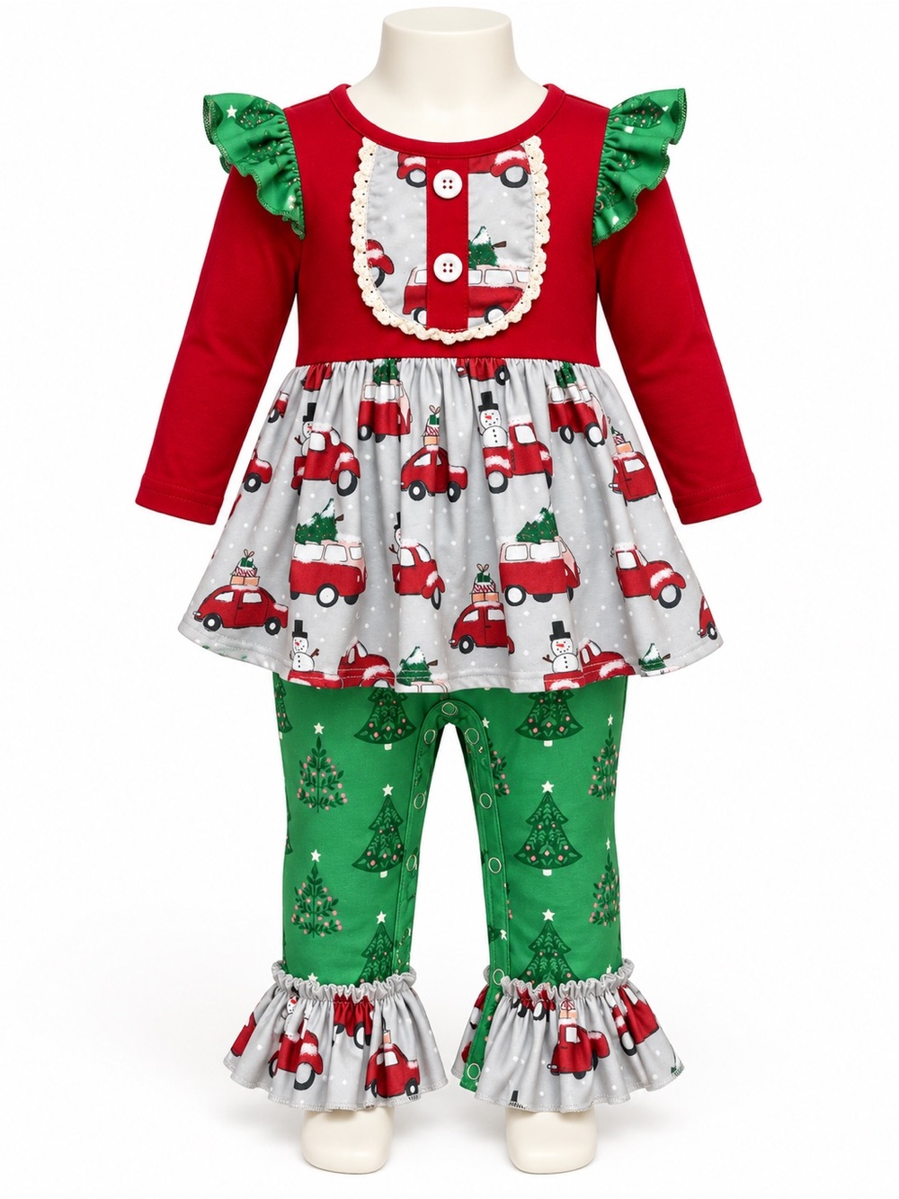 Marie Nicole Christmas Truck Ruffle Romper Girls 18–24M Red Green Skirted